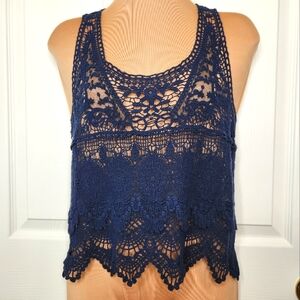 Eyeshadow Navy Blue Sheer Lace Crochet Sleeveless Tank Top Boho Size Small